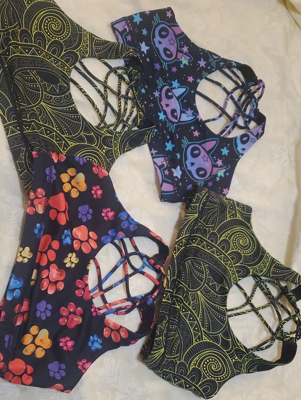 Lot Of 4 CVG Sports Bras Medium - Cosmic Kitty Pawcaaso & Neon Paisley Duplicate